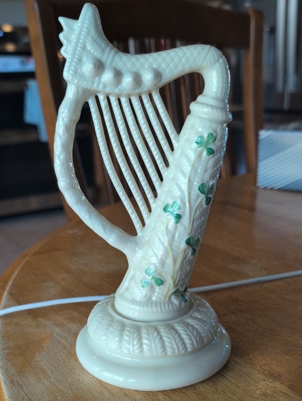 Belleek Cream Ceramic Harp Figurine with Green Shamrocks